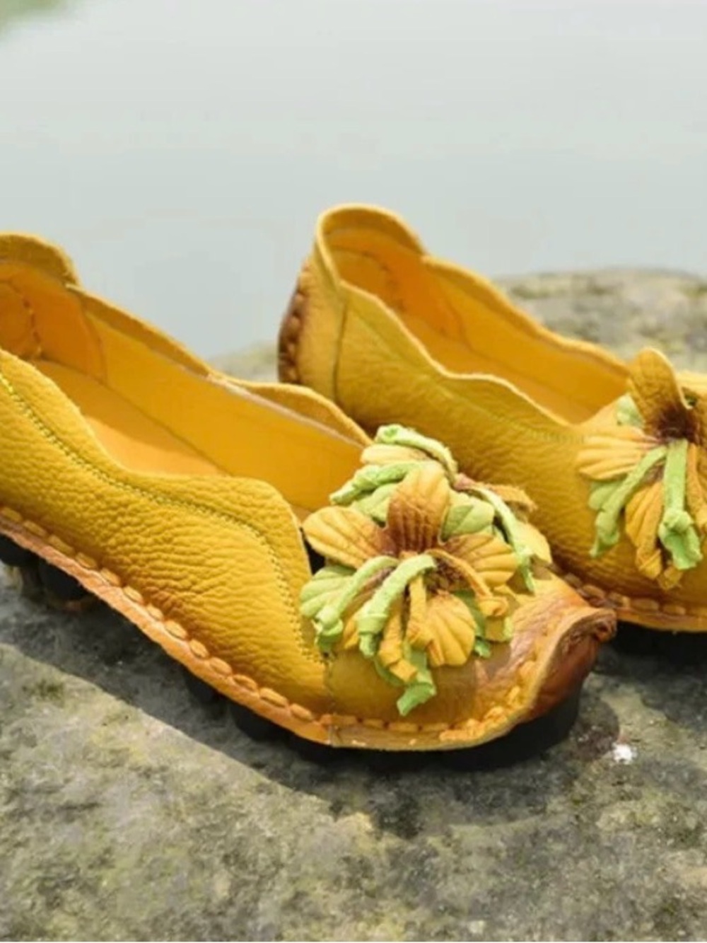 Socofy Yellow Floral Appliqué Soft Leather Women's Flats SZ 8 - Picture 11 of 13